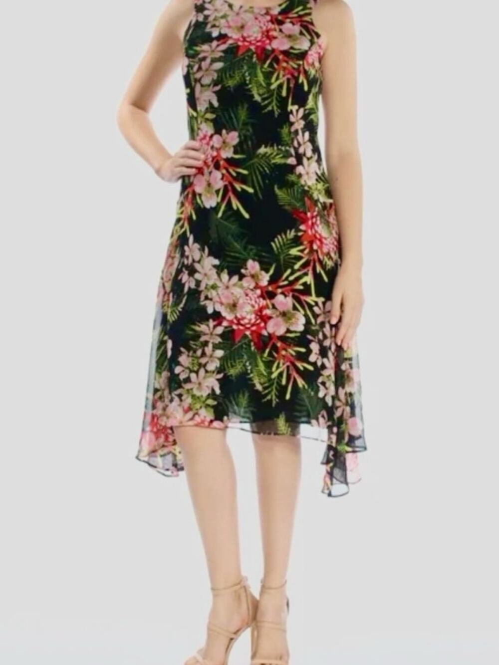 Tommy Hilfiger Women's 12 Black Tropical Floral Lined Sleeveless Dress
